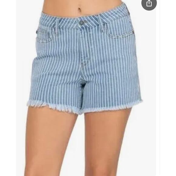 Judy Blues White Stripe High Rise Cut Off Denim Shorts Womens Large - Picture 1 of 9